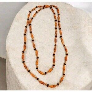 Vintage Art Deco Flapper Style Long Orange Black Glass Bead Sautoir Necklace 56"